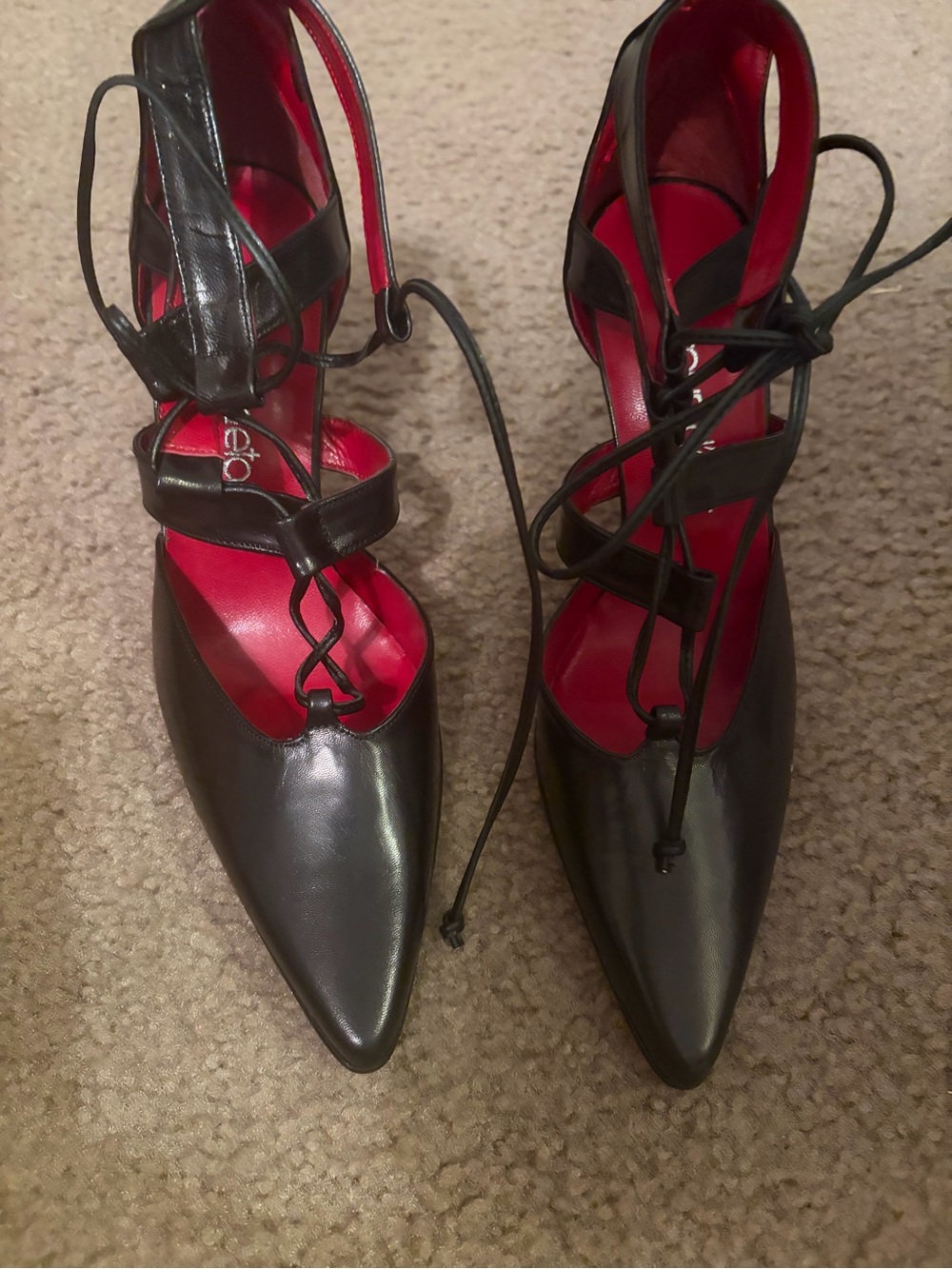 Black Lace-Up Pointed Toe Heels with Red Lining